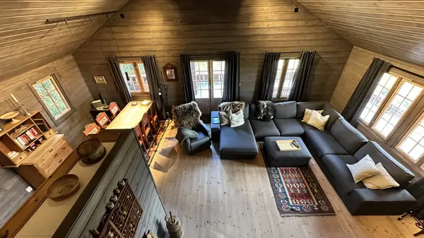Living room, dining area and kitchen seen from the loft